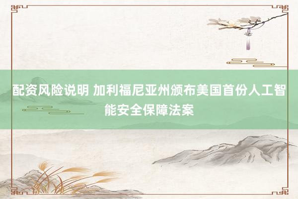 配资风险说明 加利福尼亚州颁布美国首份人工智能安全保障法案